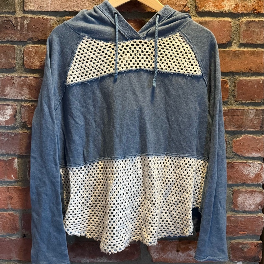 Free People Blue and Cream Cowl Neck Sweater